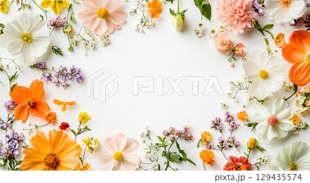 A beautiful and vibrant frame of various colorful flowers, including dahlias, anemones, and baby's breath, is arranged on a clean white background. A beautiful and vibrant frame of various colorful flowers, including dahlias, anemones, and baby's breath, is arranged on a clean white background. 129435574