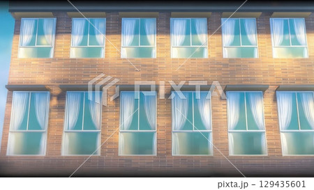 レンガ調の建物と白いカーテン窓のイラスト 129435601