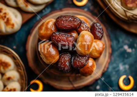 A rustic wooden plate holds a delicious arrangement of glossy dates and golden-brown pastries. The scene is illuminated by soft, crescent moon-shaped lights. 129435614