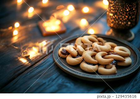 A rustic wooden plate holds a delicious arrangement of glossy dates and golden-brown pastries. The scene is illuminated by soft, crescent moon-shaped lights. 129435616