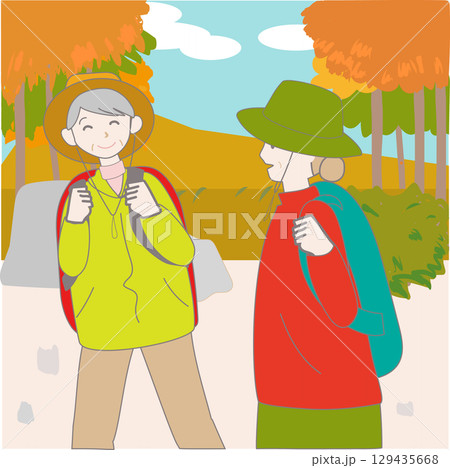 秋の野山をハイキングやトレッキングで楽しむシニア女性たちのイラスト 秋の野山をハイキングやトレッキングで楽しむシニア女性たちのイラスト 129435668