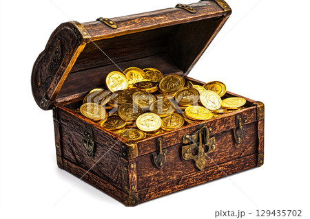 A vintage wooden treasure chest with its lid open, overflowing with a pile of shiny gold coins, all on a simple white background. 129435702