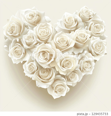 A close-up image shows a beautiful heart shape made of many different sized white roses, creating a texture against a light, neutral background. A close-up image shows a beautiful heart shape made of many different sized white roses, creating a texture against a light, neutral background. 129435733