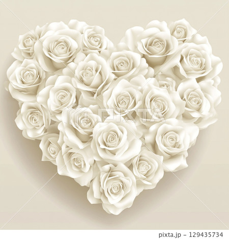 A close-up image shows a beautiful heart shape made of many different sized white roses, creating a texture against a light, neutral background. 129435734
