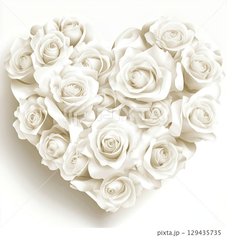 A close-up image shows a beautiful heart shape made of many different sized white roses, creating a texture against a light, neutral background. 129435735