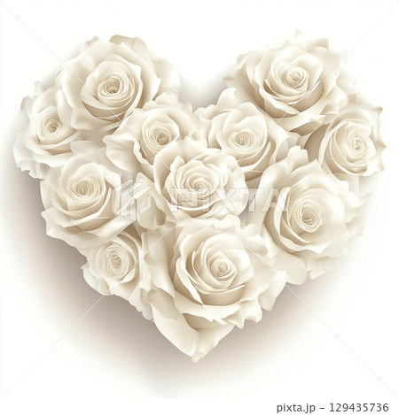 A close-up image shows a beautiful heart shape made of many different sized white roses, creating a texture against a light, neutral background. A close-up image shows a beautiful heart shape made of many different sized white roses, creating a texture against a light, neutral background. 129435736