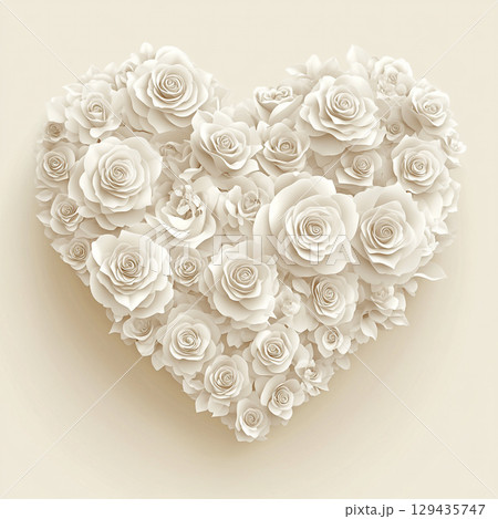 A close-up image shows a beautiful heart shape made of many different sized white roses, creating a texture against a light, neutral background. 129435747