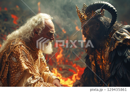 Catholic Christian bishop priest with the Devil Satan horned with wings in hell prays for sins in fiery hell hyena. 129435861