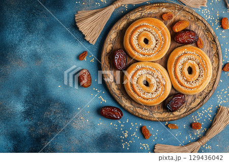 A top down shot of a rustic wooden plate filled with dates and small bagels, set against a vibrant, textured teal background. 129436042