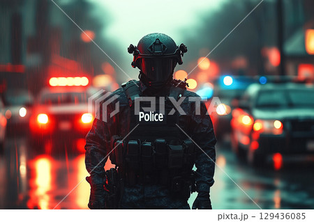 Special unit police prepare to storm a location as sirens wail in the background 129436085