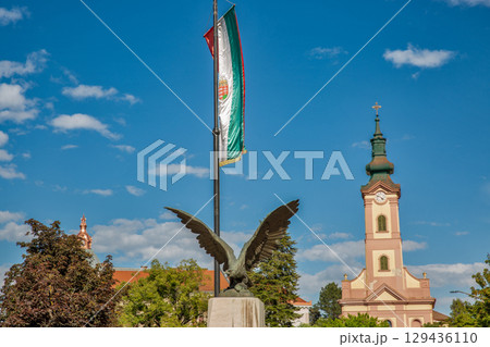Eagle monument with hungarian flag in Nagykanizsa, Hungary. Eagle monument with hungarian flag in Nagykanizsa, Hungary. 129436110