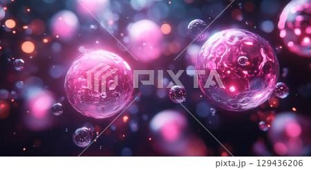 Microscopic view of sperm reproduction cells in light pink on dark background. Header banner mockup with copy space. 129436206
