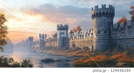 Majestic fortified stone wall with towers overlooking a tranquil river at sunrise. Header banner mockup with copy space. 129436284