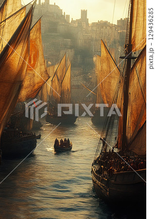 Medieval merchants gather at a bustling trading port with ships and sails in the harbor 129436285