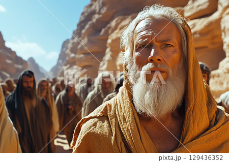 Moses guides the weary Israelites through the arid desert landscape on their epic journey Moses guides the weary Israelites through the arid desert landscape on their epic journey 129436352