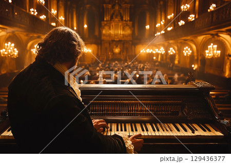 Johann Sebastian Bach performs on the organ in a grand church setting with an attentive audience 129436377