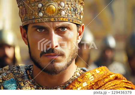 Justinian I Byzantine Emperor portrayed in a modern film with detailed attire and intense expression 129436379