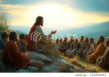 Sermon on the Mount where Jesus speaks to a gathered crowd under the sunlight 129436483