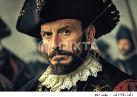 Francisco Pizarro confronts Inca leader Atahualpa during the conquest of Peru 129436525