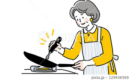 ストライプエプロンのシニア女性がフライパンで料理をしているイラスト 129436569