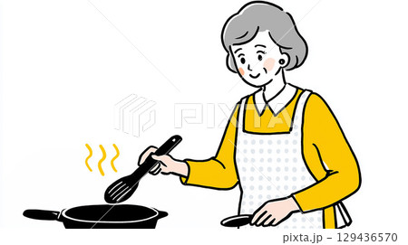 エプロン姿の女性がフライパンで調理しているイラスト 129436570