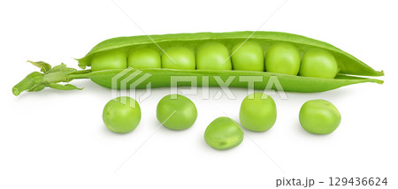 Fresh green pea pod with beans isolated on white background 129436624