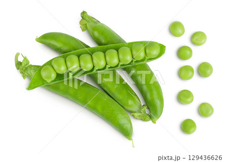 Fresh green pea pod with beans isolated on white background. Top view. Flat lay Fresh green pea pod with beans isolated on white background. Top view. Flat lay 129436626