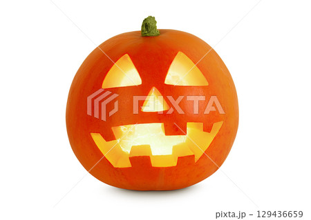 Funny Jack O Lantern halloween pumpkin with candle light inside isolated on white background 129436659
