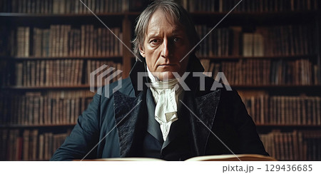Portrait of Georg Wilhelm Friedrich Hegel in library setting surrounded by books Portrait of Georg Wilhelm Friedrich Hegel in library setting surrounded by books 129436685