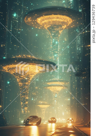 Quantum digital city of the future showcases advanced spacecraft and energy structures 129436739