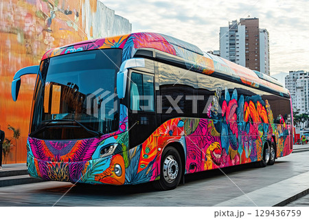 Modern tourist bus with vibrant artwork parked in an urban setting surrounded by tall buildings 129436759