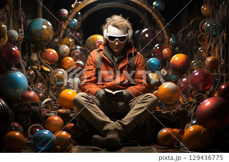 A young person reading in a colorful cluttered space filled with glowing orbs at twilight 129436775