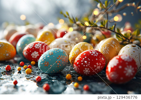 Colorful Easter eggs arranged beautifully on a light background for festive celebration 129436776