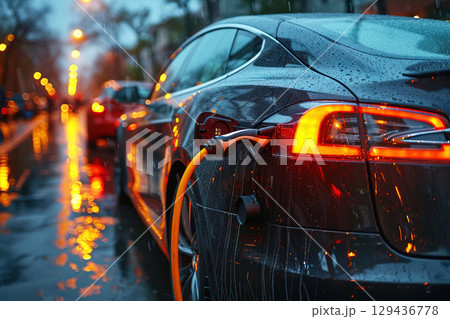 Electric vehicle charging technological modern device at the station for accumulators. Ecological green energy alternative. 129436778
