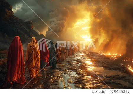 Fire hell hyena goes group of priests muslim imam christian monk priest hindu sadh sinners. 129436817