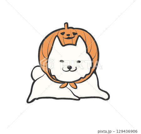 かぼちゃのハロウィン仮装をした白い犬のイラスト｜犬,ハロウィン,かぼちゃ,仮装,白 129436906