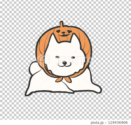 かぼちゃのハロウィン仮装をした白い犬のイラスト｜犬,ハロウィン,かぼちゃ,仮装,白 129436906