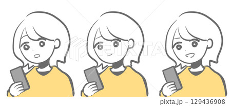 スマホを見て表情を変える女性キャラクターのイラスト｜スマホ,女性,表情,キャラクター,変化 129436908