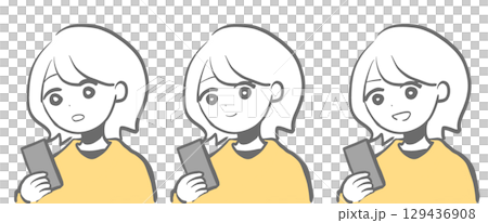 スマホを見て表情を変える女性キャラクターのイラスト｜スマホ,女性,表情,キャラクター,変化 129436908