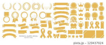 王冠・メダル・リボン飾り・リース、勲章などのアワード・表彰用飾り付けアイコンセット ベクターイラスト 129437024