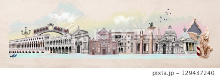 Contemporary artwork. Creative design in retro style. Color image if beautiful buildings in Venice. Vintage town. Concept of creativity, surrealism, imagination, futuristic landscape Contemporary artwork. Creative design in retro style. Color image if beautiful buildings in Venice. Vintage town. Concept of creativity, surrealism, imagination, futuristic landscape 129437240