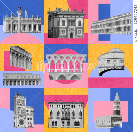 Contemporary artwork. Creative design in retro style. Color image if beautiful buildings in Venice. Vintage town. Concept of creativity, surrealism, imagination, futuristic landscape Contemporary artwork. Creative design in retro style. Color image if beautiful buildings in Venice. Vintage town. Concept of creativity, surrealism, imagination, futuristic landscape 129437242