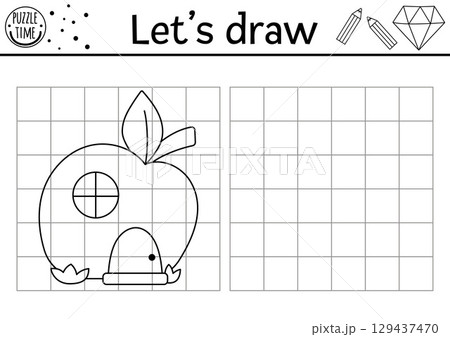 Draw the dwarf house shaped as apple. Vector drawing practice worksheet with fantasy home. Magic forest printable black and white activity for kids. Copy or complete picture coloring page 129437470