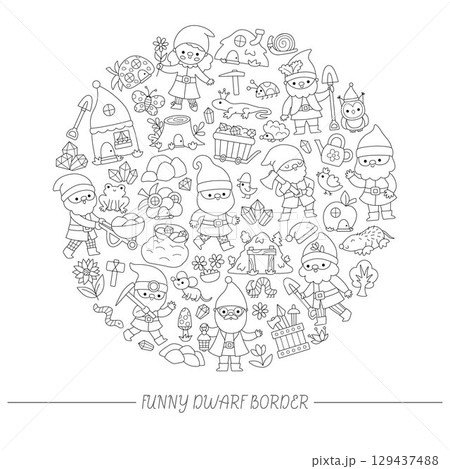 Vector black and white round frame with dwarf, forest animals, houses, fairytale creature. Magic garden or woodland coloring page. Cute line fantasy illustration with gnomes Vector black and white round frame with dwarf, forest animals, houses, fairytale creature. Magic garden or woodland coloring page. Cute line fantasy illustration with gnomes 129437488