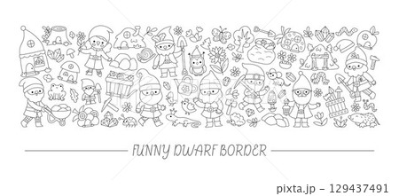 Vector coloring page horizontal frame with dwarf, forest animals, houses, fairytale creature. Magic garden or woodland coloring page. Cute line fantasy border illustration with gnomes 129437491