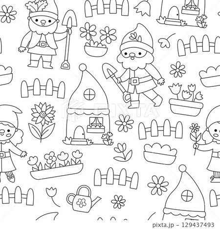 Vector black and white garden dwarf seamless pattern. Cute gnome repeat background or coloring page. Fairytale character digital paper. Magic creature texture with house, fence, flower bed Vector black and white garden dwarf seamless pattern. Cute gnome repeat background or coloring page. Fairytale character digital paper. Magic creature texture with house, fence, flower bed 129437493