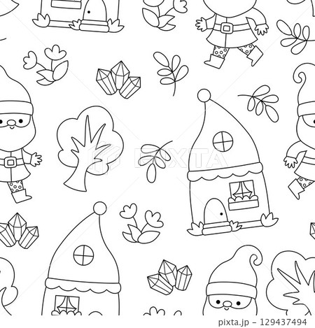 Vector black and white dwarf seamless pattern. Cute gnome repeat background. Fairytale character digital paper. Magic creature texture or coloring page with garden, mining concept, treasure Vector black and white dwarf seamless pattern. Cute gnome repeat background. Fairytale character digital paper. Magic creature texture or coloring page with garden, mining concept, treasure 129437494
