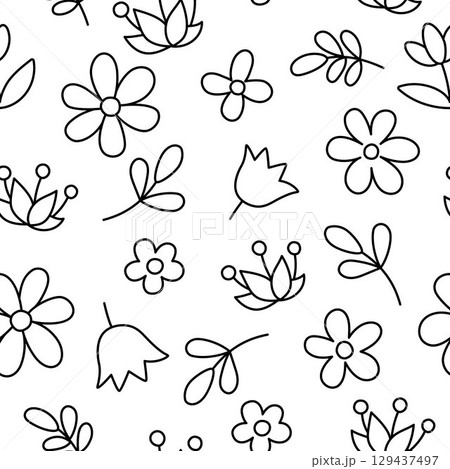 Vector black and white seamless pattern with flowers. Cute garden repeat background or coloring page. Gnome, dwarf or fairy floral digital paper. Magic plant abstract texture with blooms, leaves Vector black and white seamless pattern with flowers. Cute garden repeat background or coloring page. Gnome, dwarf or fairy floral digital paper. Magic plant abstract texture with blooms, leaves 129437497