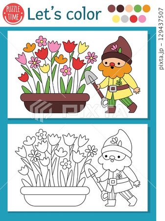 Pre-made coloring page for children with garden dwarf with spade and flower bed. Vector fairytale outline illustration with gnome. Fantasy forest color book for kids with colored example Pre-made coloring page for children with garden dwarf with spade and flower bed. Vector fairytale outline illustration with gnome. Fantasy forest color book for kids with colored example 129437507