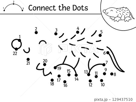 Vector dot-to-dot and color activity with mole. Forest connect the dots game with cute woodland insect for children. Coloring page or printable worksheet for kids Vector dot-to-dot and color activity with mole. Forest connect the dots game with cute woodland insect for children. Coloring page or printable worksheet for kids 129437510